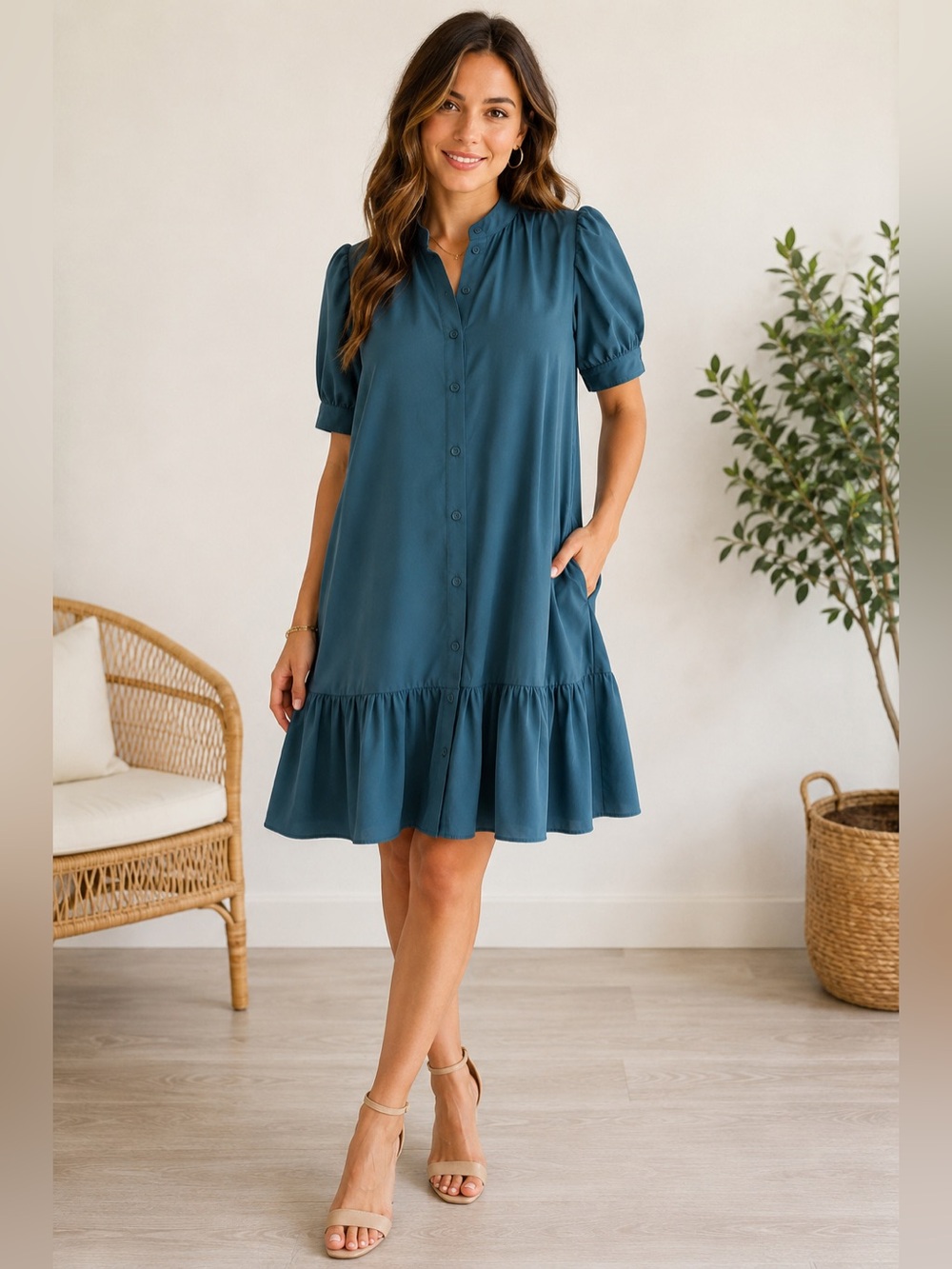 CeCe Teal Button-Front Ruffle Hem Mini Dress